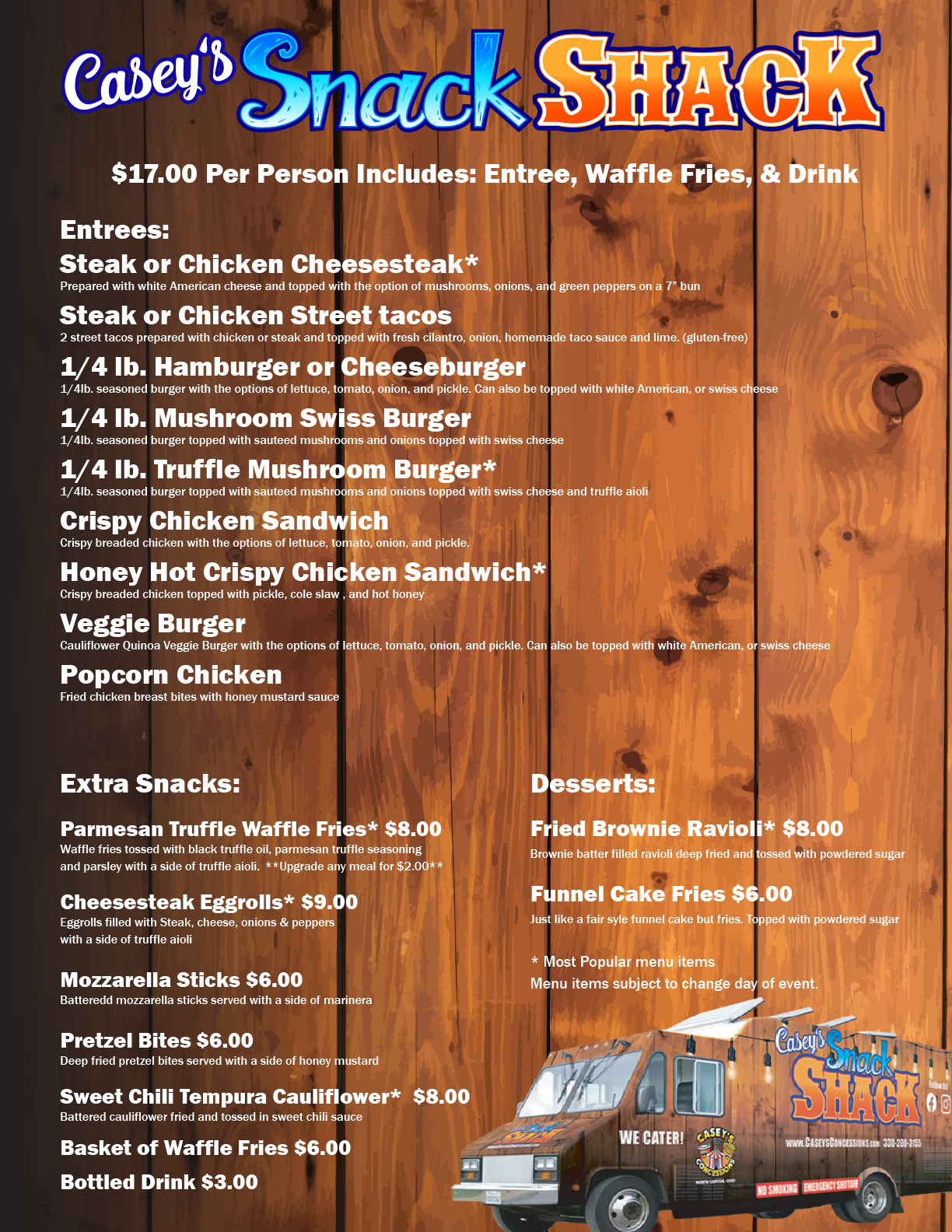Caseys Snack Shack Catering menu